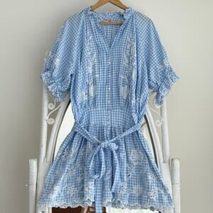 Juliet Dunn Dress Dress Large 3 Blue Gingham Check Embroidered Flower Blouson
